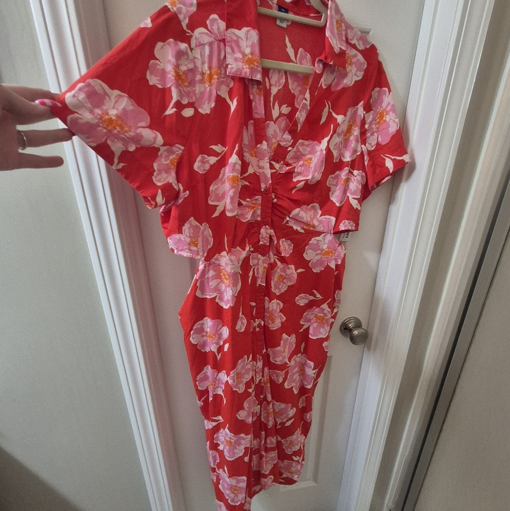 Red Dress with Pink Floral Design